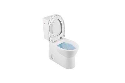Easy Pack HO close coupled toilet with Rimflush, cistern with side water supply and toilet seat