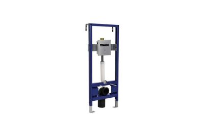 Plan support frame with battery operated electronic flush plate for wall hung toilet